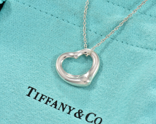 Tiffany & Co Silver Elsa Peretti 16mm Open Heart 16.25" Chain Necklace in Pouch