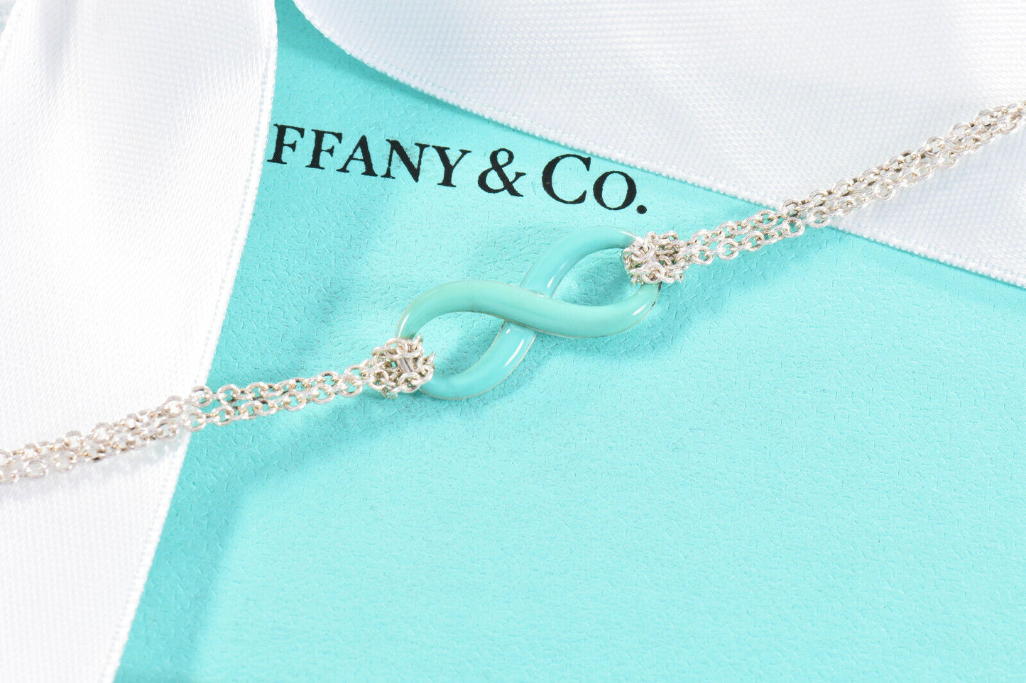 Tiffany & Co Silver Blue Enamel Infinity Pendant 18" Double Chain Necklace Boxed