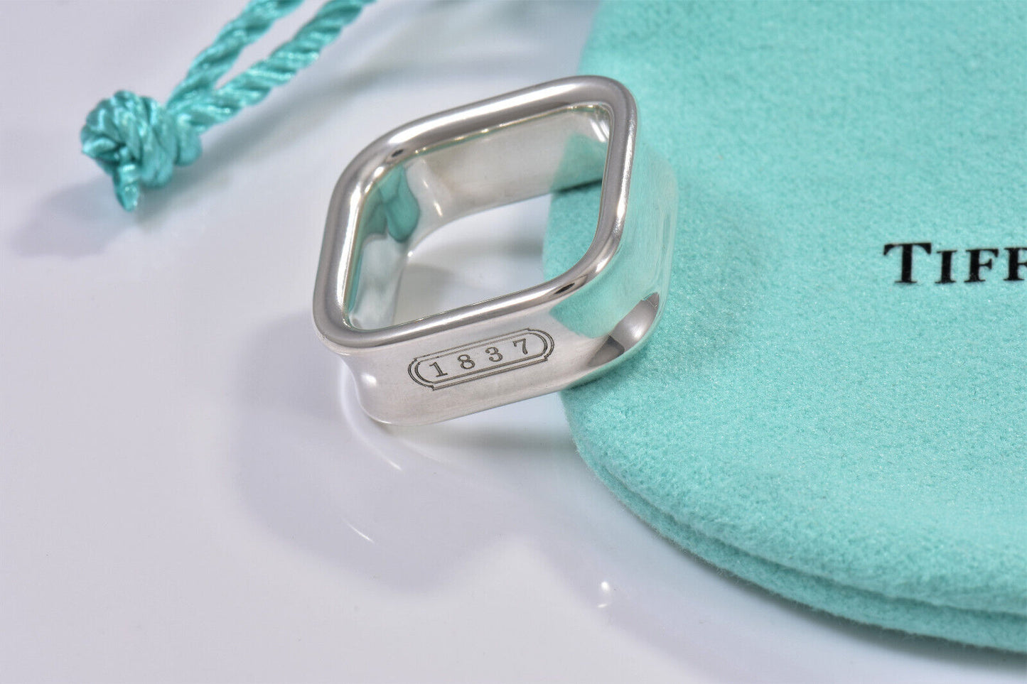 Tiffany & Co 1837 Sterling Silver Square Wide Band Ring Size 6.5 and Pouch Rare