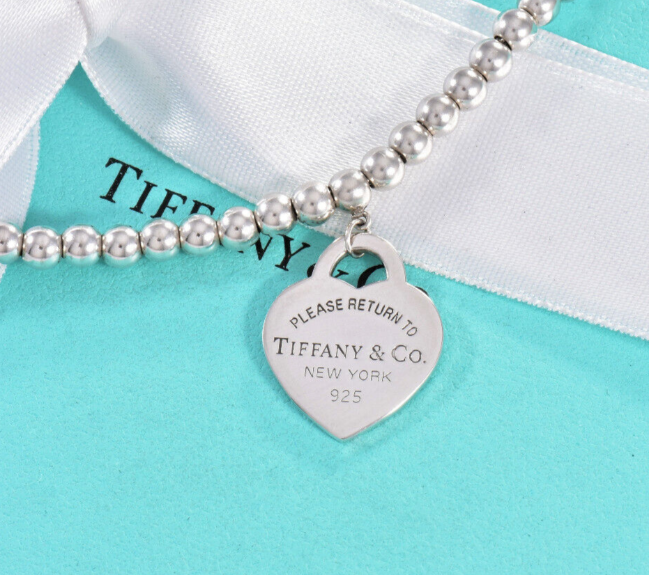 18.25" Please Return To Tiffany & Co Silver Heart Pendant Beaded Necklace Pouch