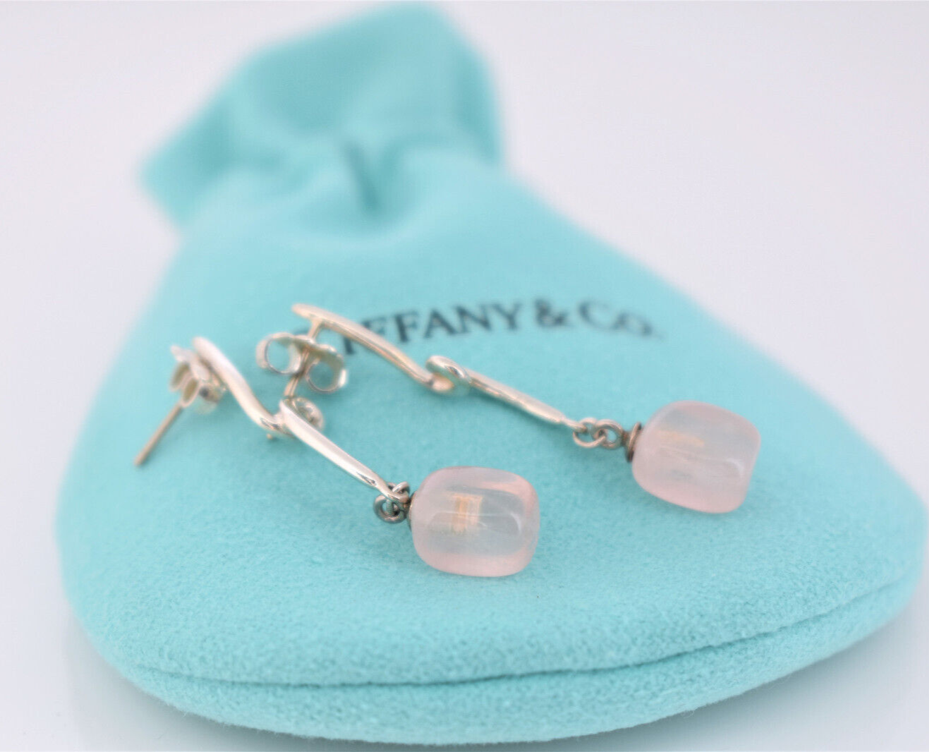 Tiffany & Co Silver Rose Quartz Gemstone Twist Dangling Earrings in Pouch Dangle