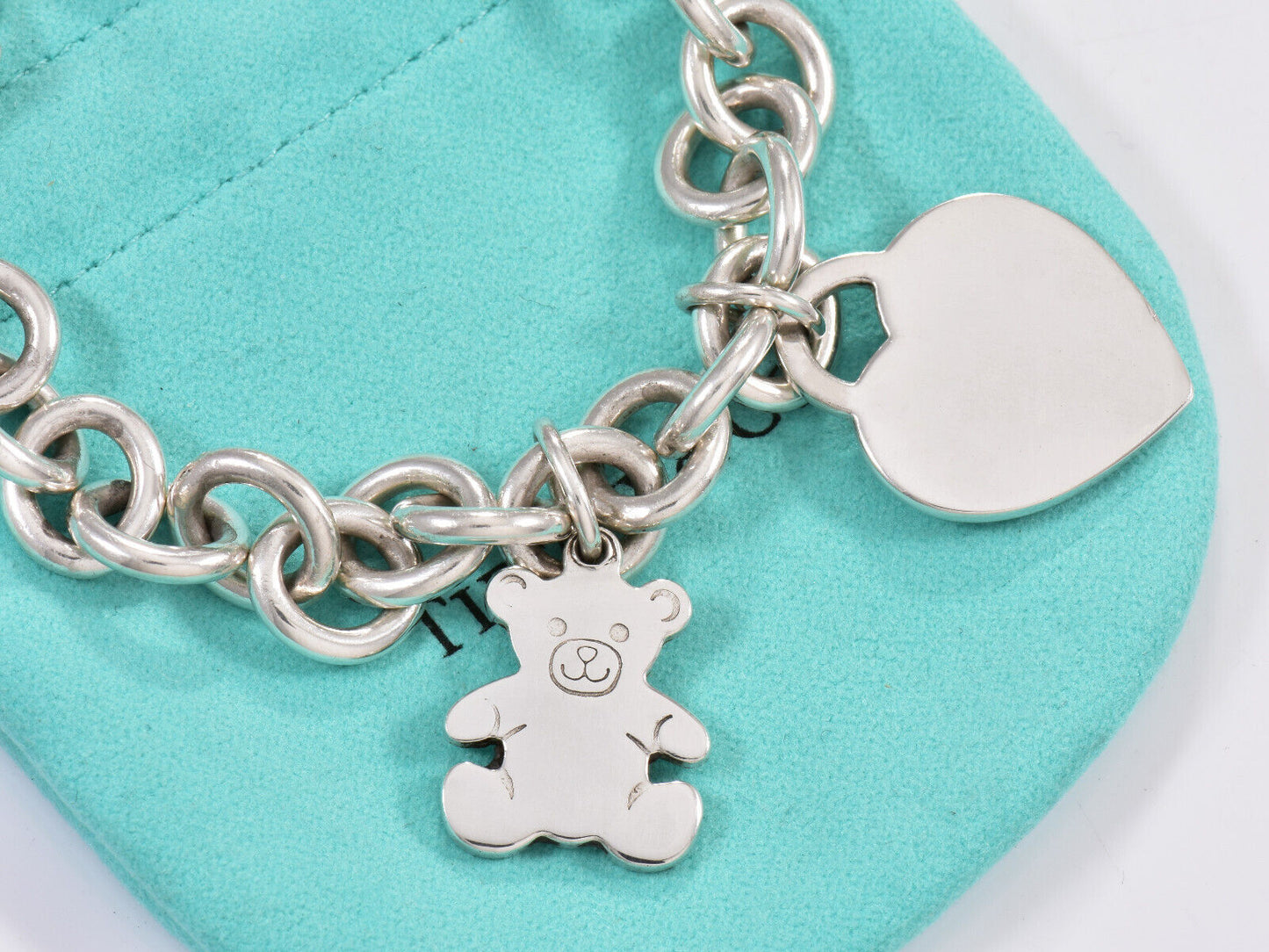 Tiffany & Co Silver Teddy Bear Heart Tag Two Charm 7.75" Chain Link Bracelet