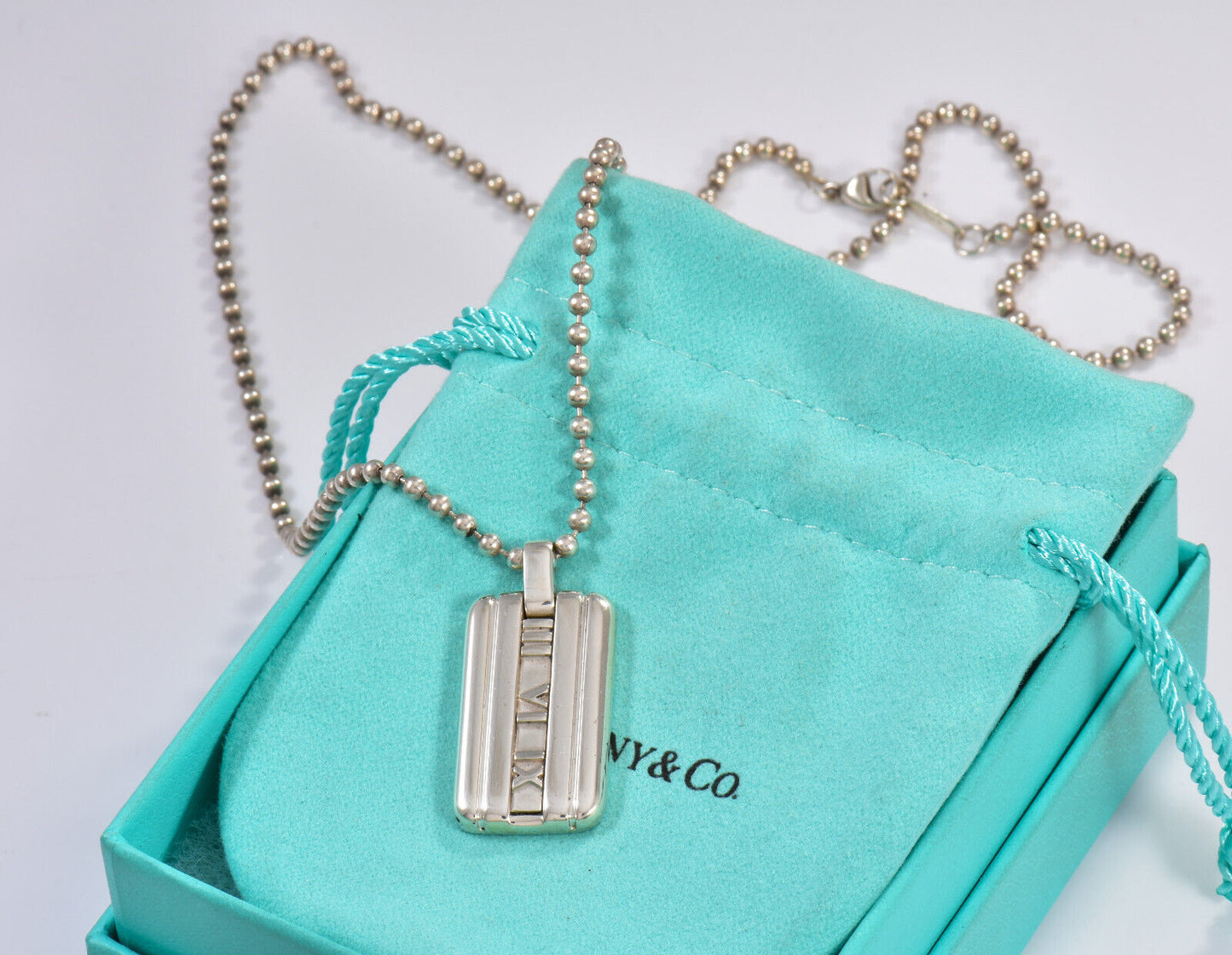 Tiffany & Co Silver Atlas DogTag Pendant 20.25" Bead Chain Necklace in Pouch Men