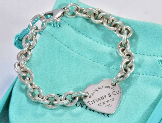 Please Return to Tiffany & Co Heart Tag 7.7" Charm Chain Link Bracelet in Pouch