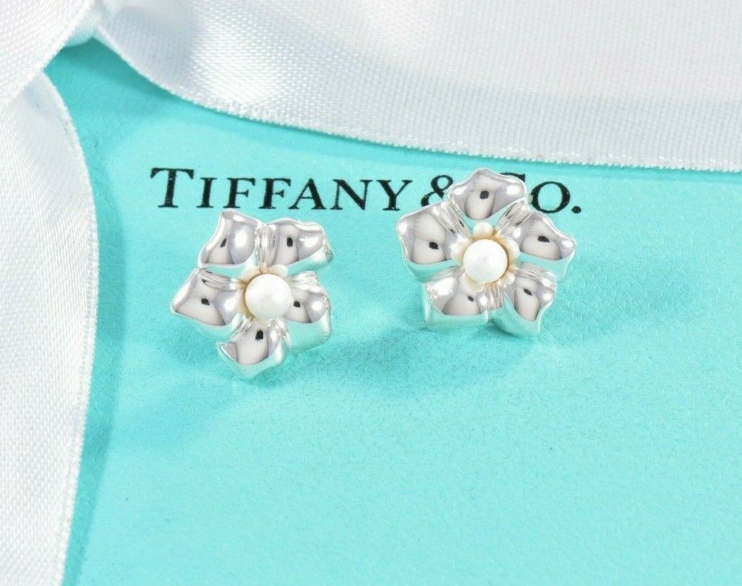 Vintage Tiffany & Co Silver Pearl Flower Petal Earrings in Box Pouch Rare Lovely