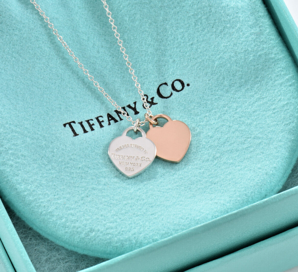 Return Tiffany & Co 18K Rose Gold Silver Mini Double Heart 16" Necklace in Box