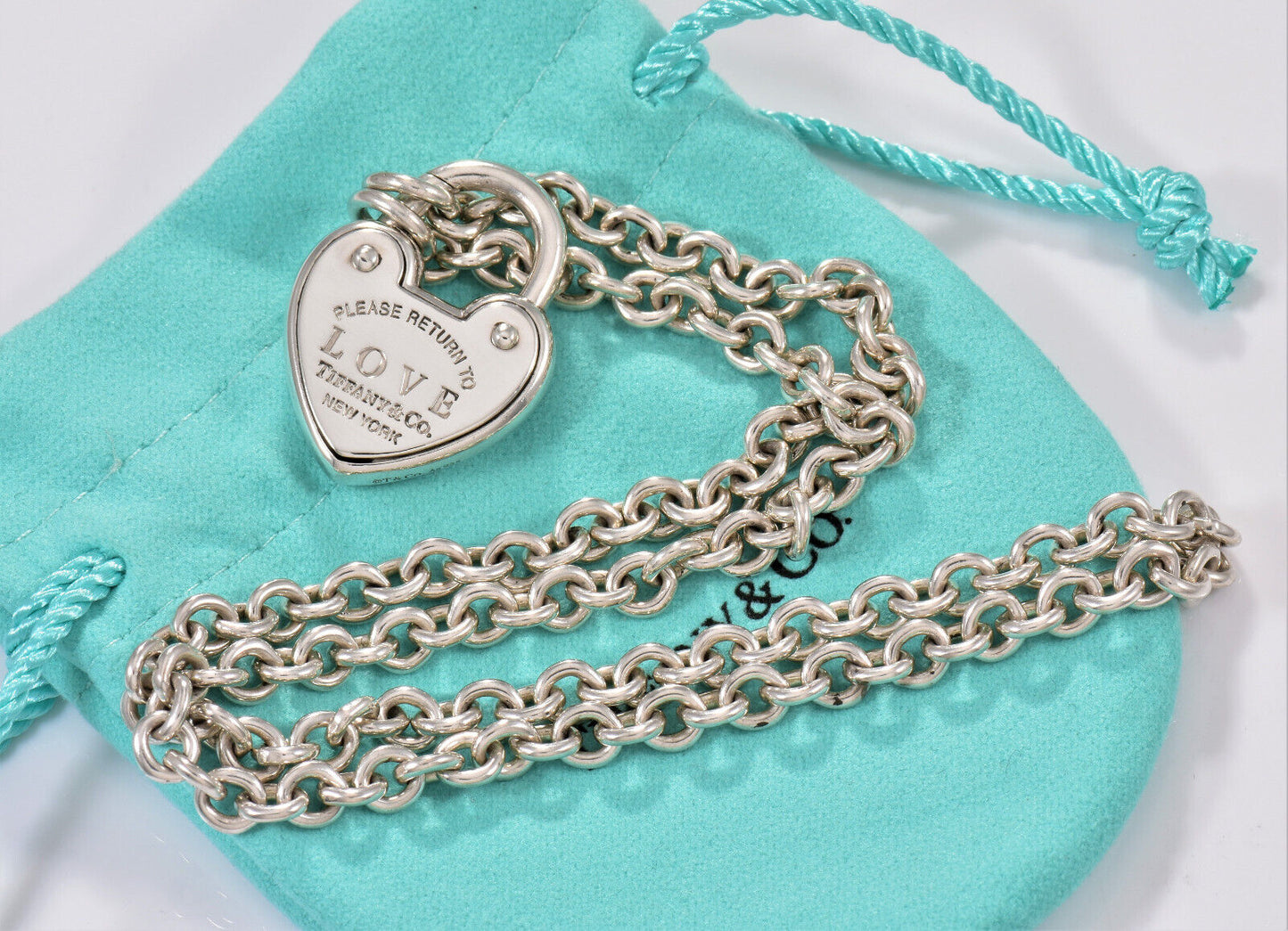 Please Return Tiffany & Co Silver Love Lock Heart Charm 18" Necklace in Pouch