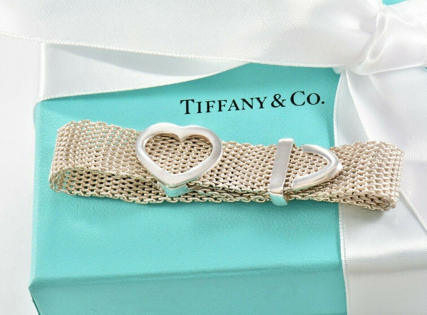 Tiffany & Co Silver Somerset Heart Mesh Belt Buckle 8.5" Bracelet & Pouch Rare