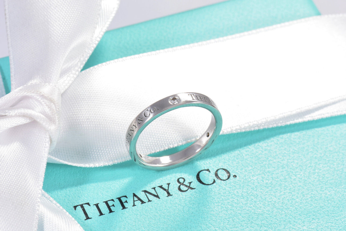 Tiffany & Co Platinum Three Diamond Band 3mm Ring Size 5.5 in Box Pouch Rare