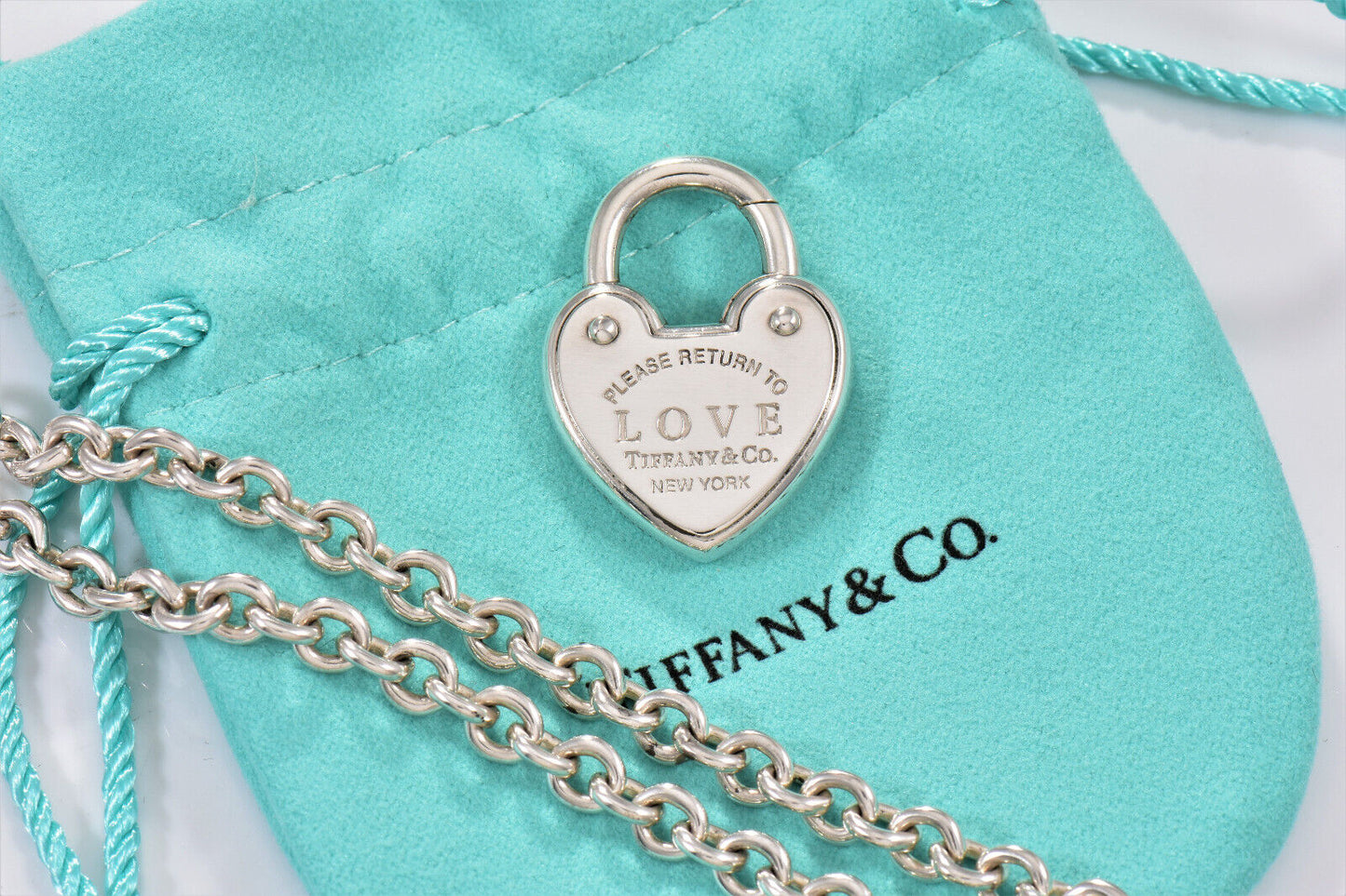 Please Return Tiffany & Co Silver Love Lock Heart Charm 18" Necklace in Pouch