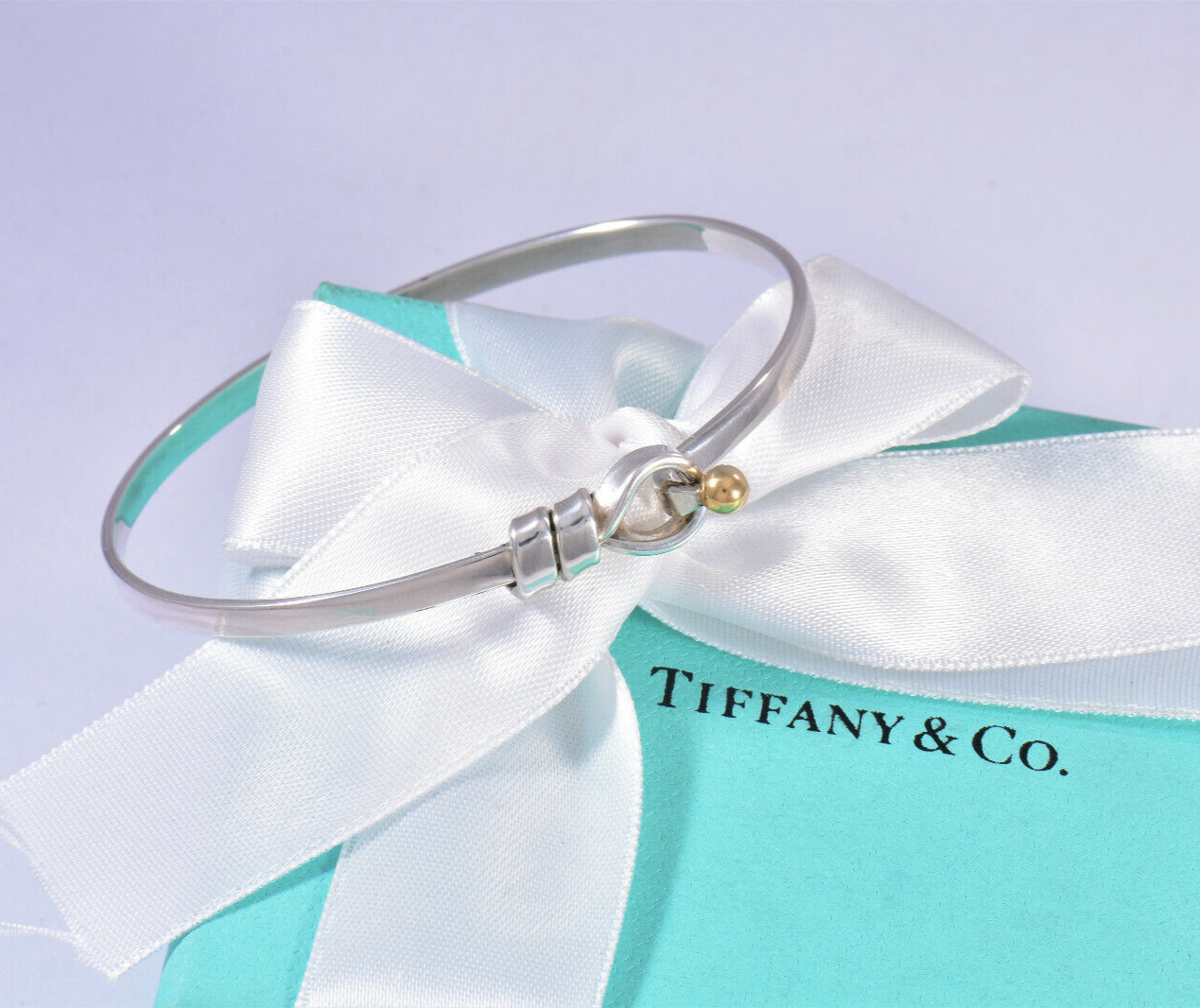 Tiffany & Co 18k Gold Silver Hook Eye Rope Bracelet in Pouch Rare Bangle Cuff