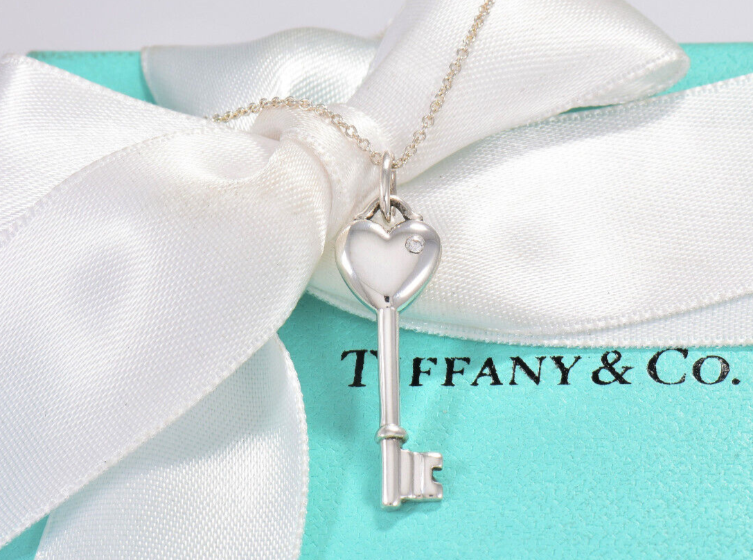 Tiffany & Co Diamond Silver Heart Key Pendant 18" Chain Necklace in Pouch Rare