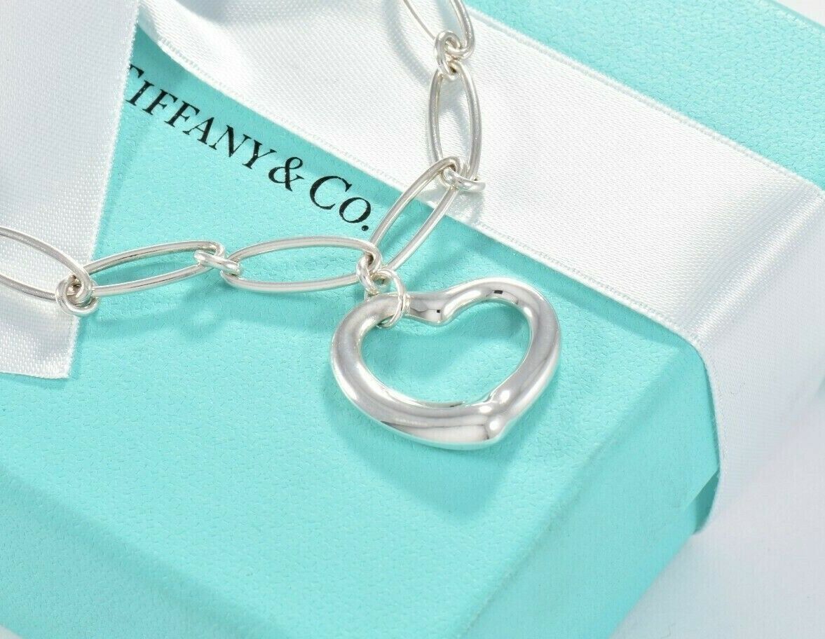 Tiffany & Co Elsa Peretti Silver Open Heart Oval Linked Chain 6" Bracelet Pouch