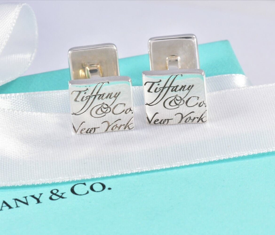 Tiffany & Co Sterling Silver Notes Wavy Square Cufflinks & Pouch Men Suit Pilot