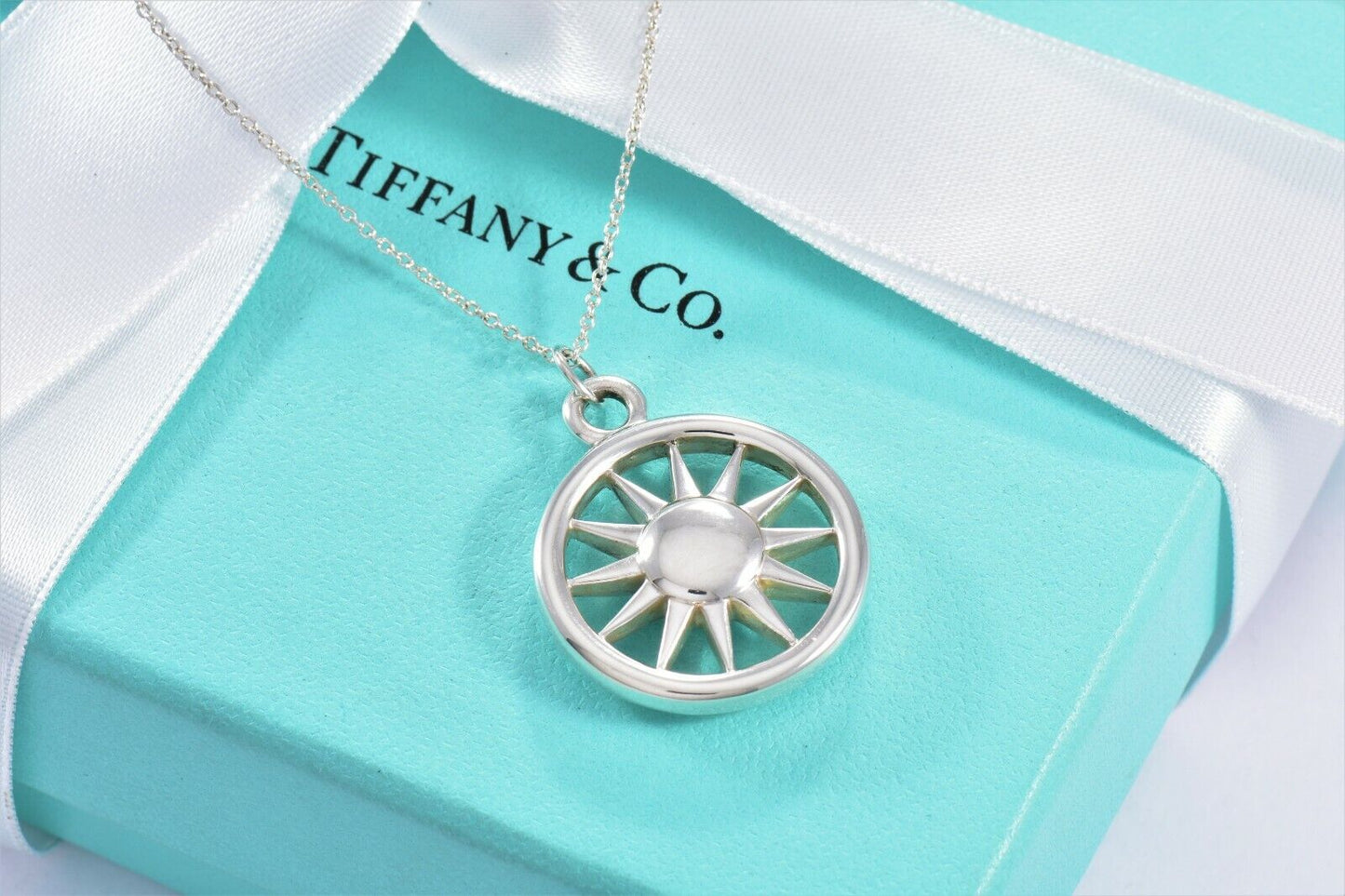 Tiffany & Co Sterling Silver Sun Pendant XL 25" Chain Necklace Rare Summer Art