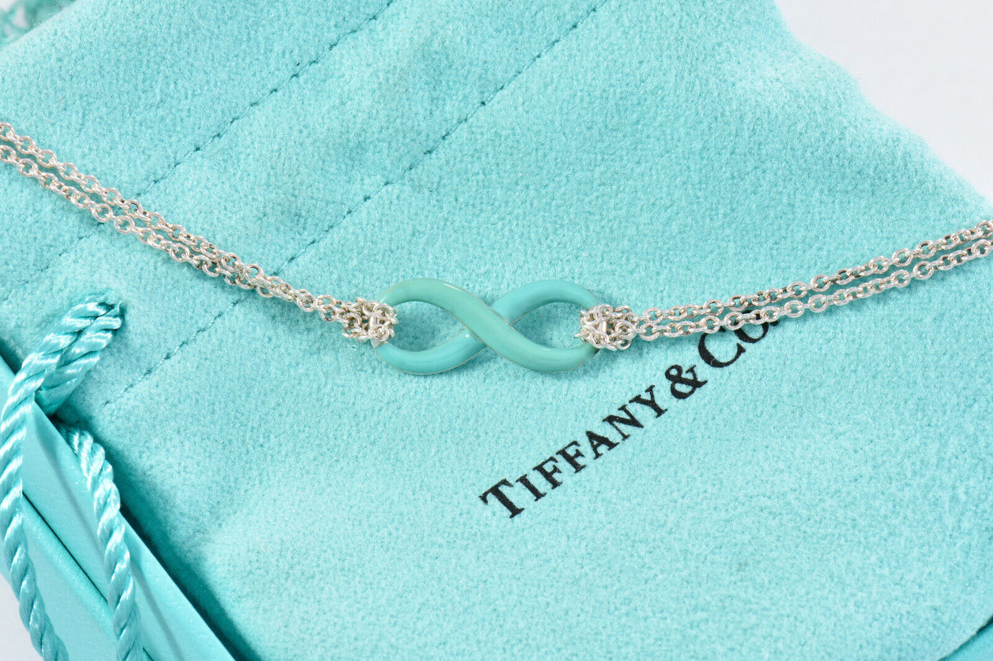 Tiffany & Co Silver Blue Enamel Infinity Pendant 18" Double Chain Necklace Boxed