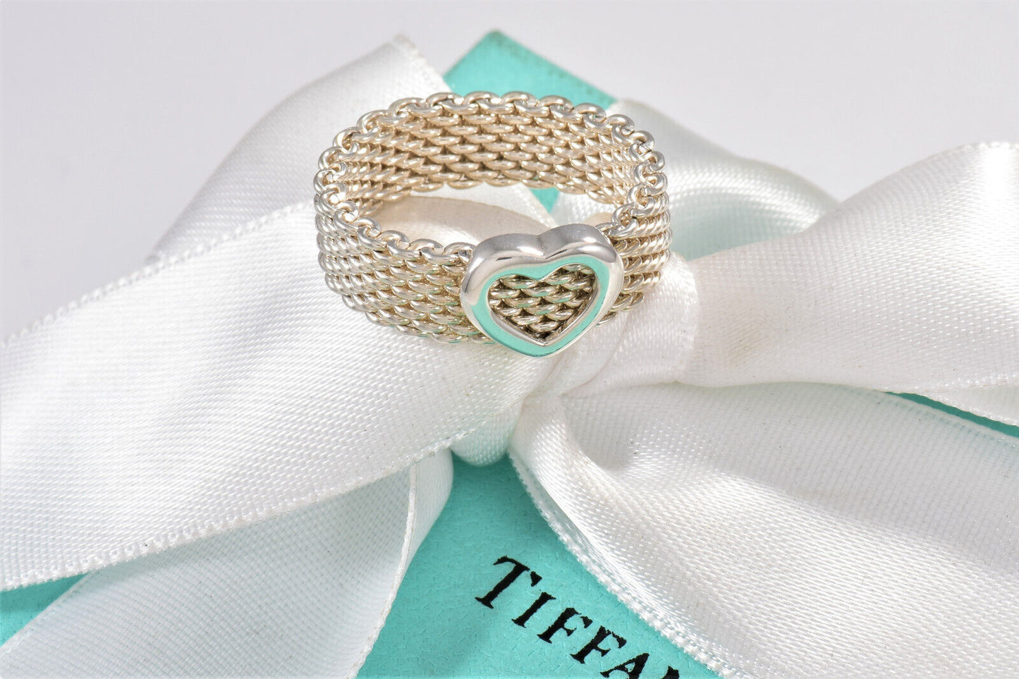 Tiffany & Co Sterling Silver Heart Mesh Love Ring Size 6 with Pouch Rare Lovely