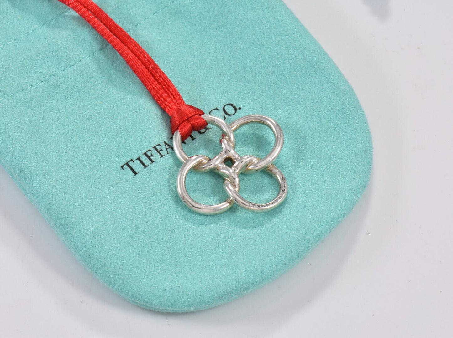 Tiffany & Co Silver Elsa Peretti 1" Quadrifoglio Clover Red Black Silk Necklace