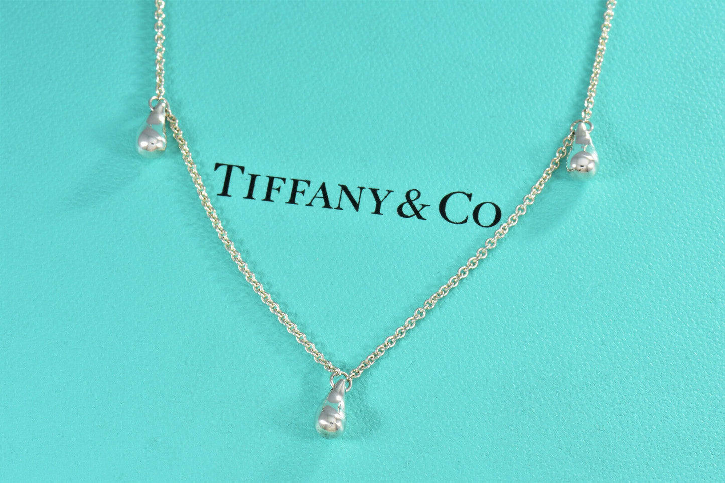 Tiffany & Co Elsa Peretti Silver Three Teardrop Pendant 16" Necklace Pouch Rare