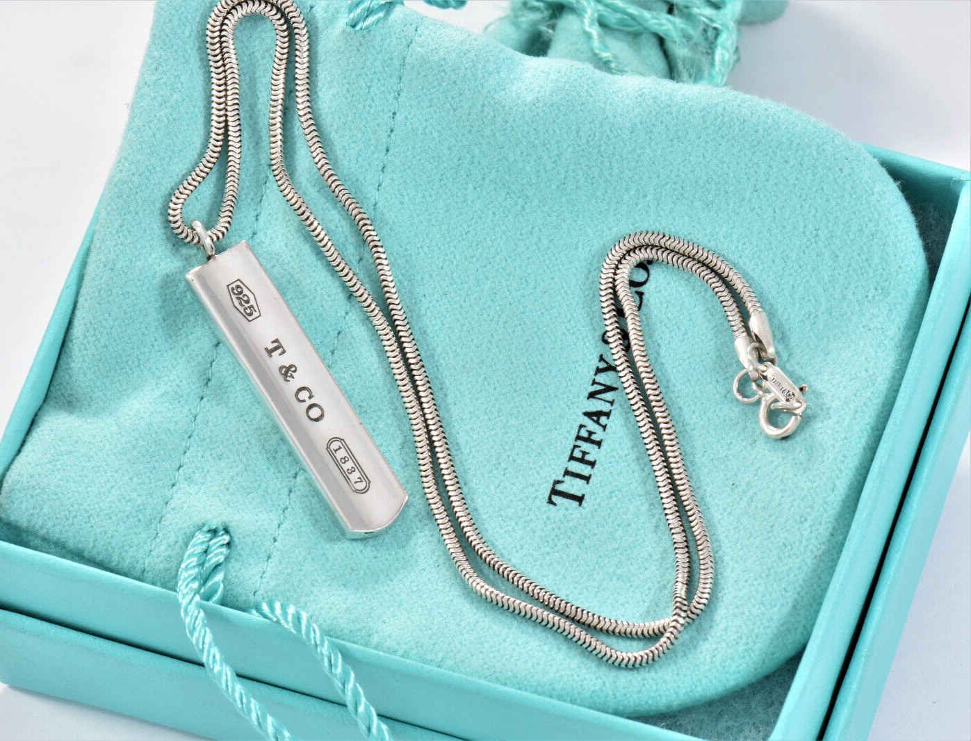 Tiffany & Co Sterling Silver 1837 Bar Pendant 18.25" Snake Chain Necklace in Box