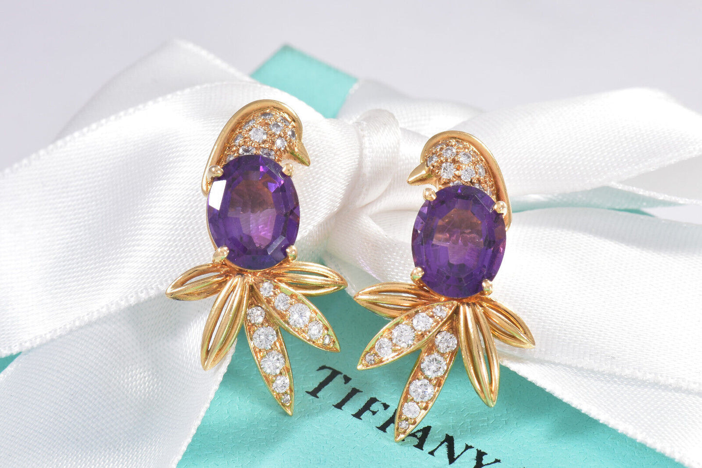 Tiffany & Co 18K Yellow Gold Birds of Paradise Diamond Amethyst Earrings Clip On