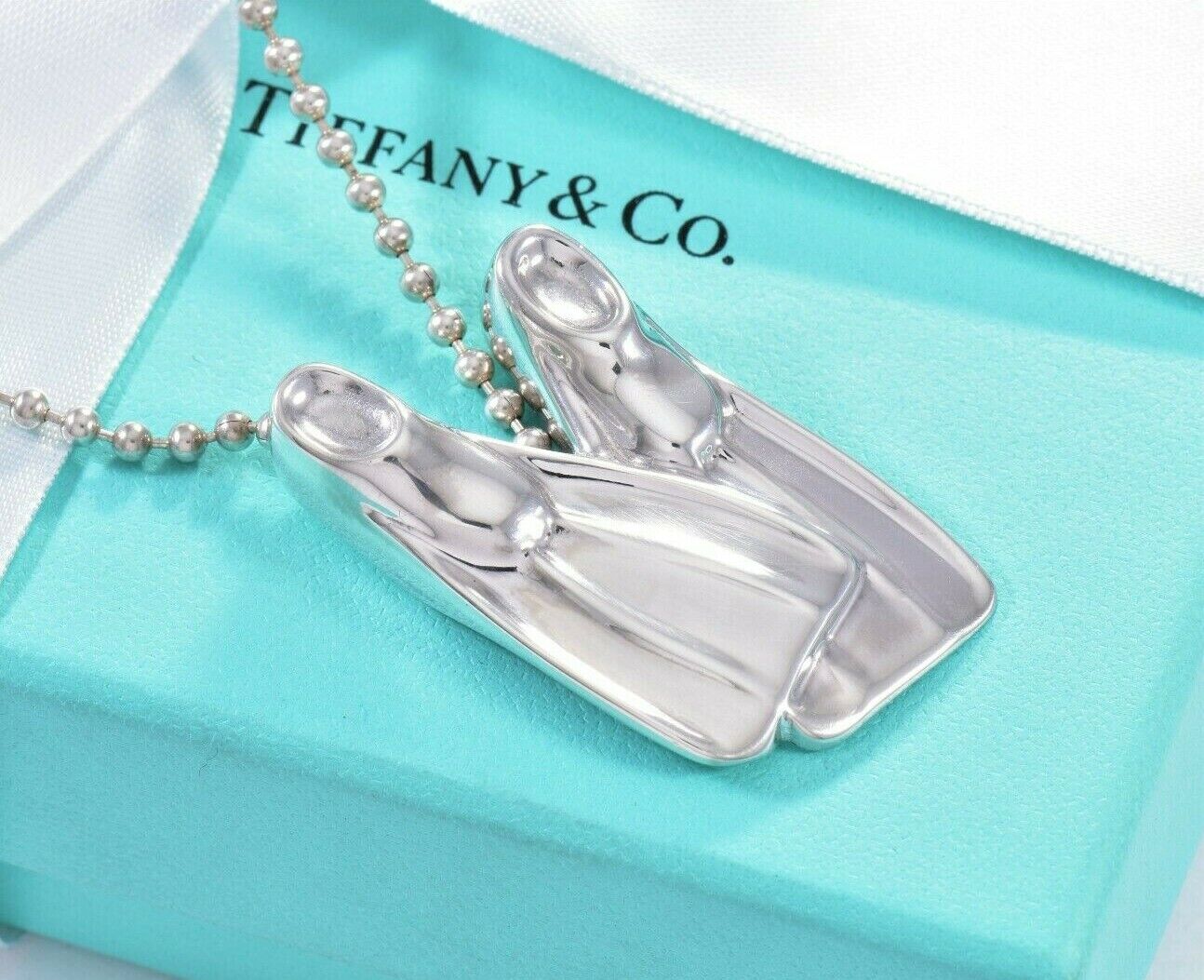 Tiffany & Co Heavy Silver Scuba Diver Fins 34" Bead Chain Necklace & Pouch Rare