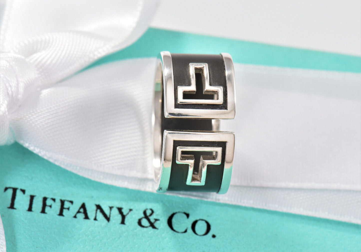 Tiffany & Co Silver Black Ceramic T Cut Out Square Wide Ring Size 6.5 in Pouch