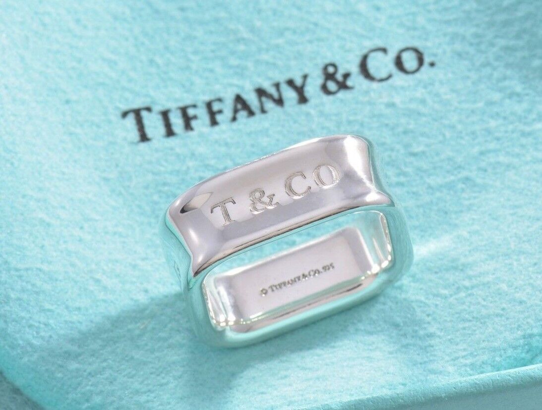 Tiffany & Co 1837 Sterling Silver Square Wide Band Ring Size 5 in Pouch Rare