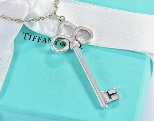 Tiffany & Co Sterling Silver Fleur De Lis Key Pendant XL 24.25" Necklace & Pouch