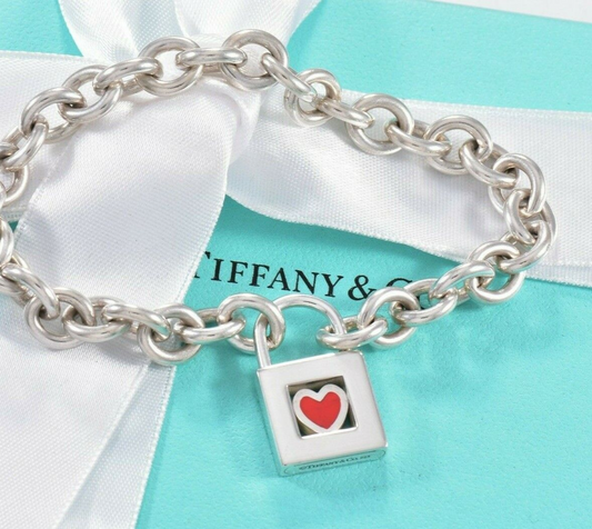 Tiffany & Co Sterling Silver Red Enamel Heart Lock 8" Chain Link Bracelet Rare