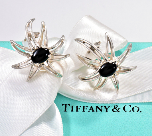 Vintage Tiffany & Co Silver Black Onyx Fireworks Clip On Earrings in Pouch Gem