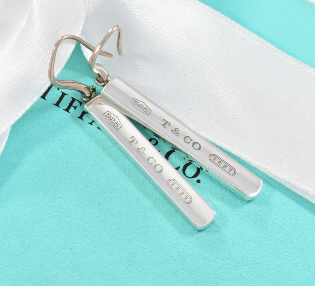 Tiffany & Co Sterling Silver 1837 Bar Dangling Hook Earrings & Pouch Dangle Rare