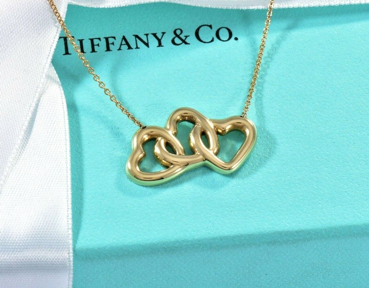 Tiffany & Co 18K Yellow Gold Three Heart Pendant 19" Love Necklace in Box Pouch