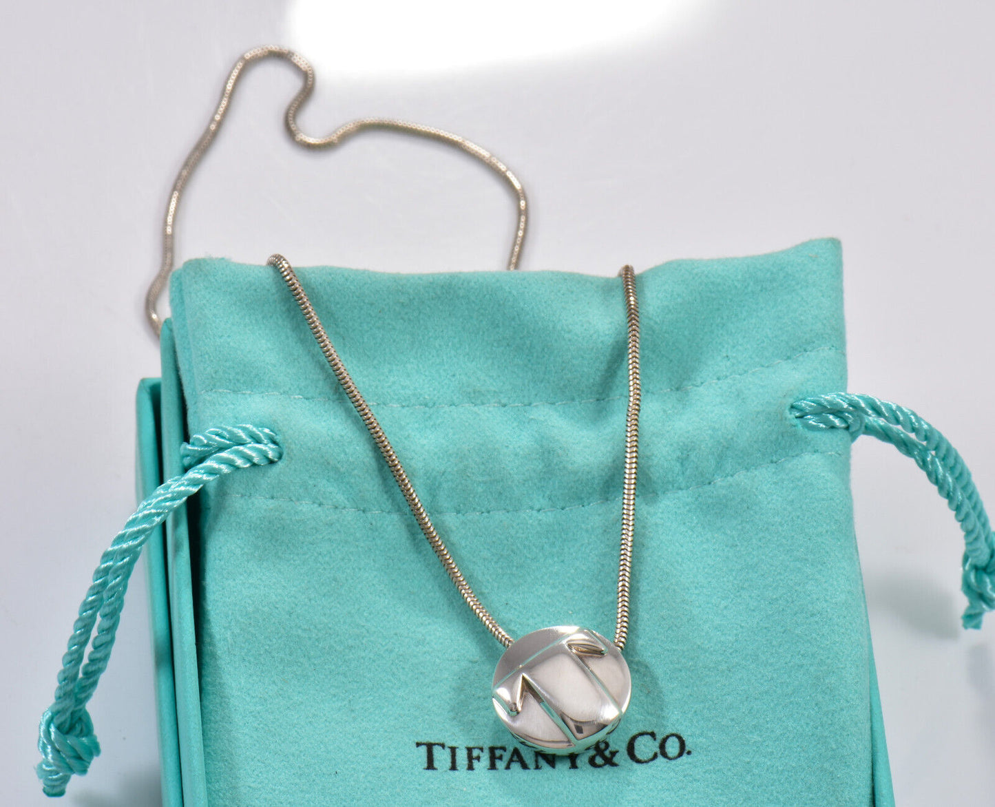 Tiffany & Co Silver Solid 3D Circle Initial Letter T Snake Chain Necklace Rare