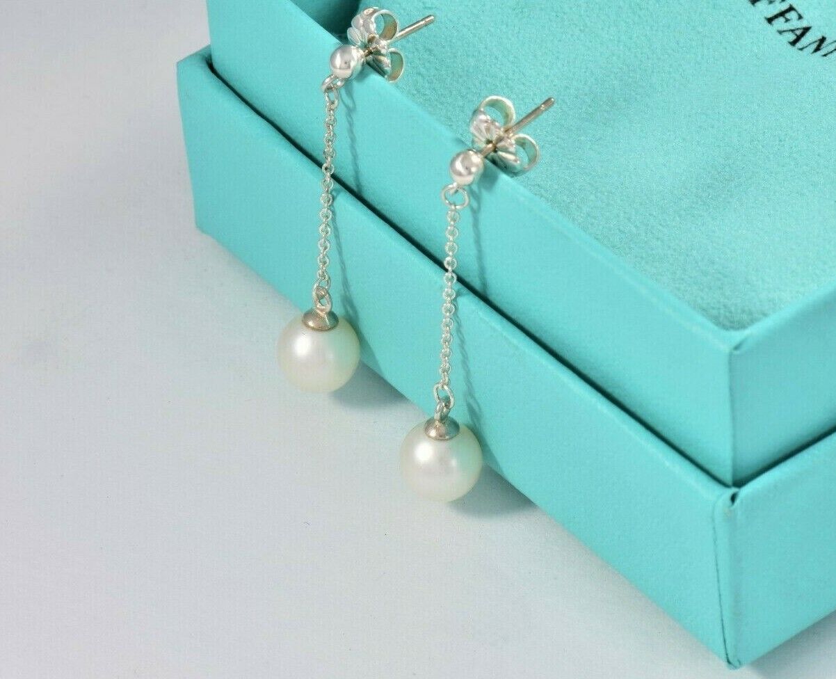 Tiffany & Co Sterling Silver Bead Pearl Drop Earrings in Box Pouch Dangle Rare