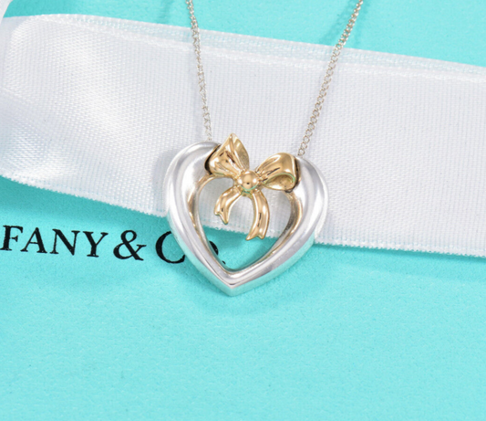 Vintage Tiffany & Co 18K Gold Silver Heart Bow 22" Fringe Necklace in Box Pouch