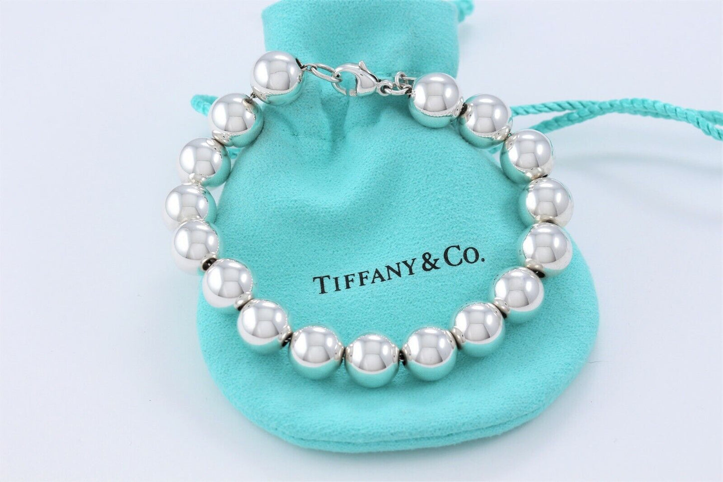 Tiffany & Co Sterling Silver HardWear Ball 10mm Bead Bracelet 7.5" and Pouch