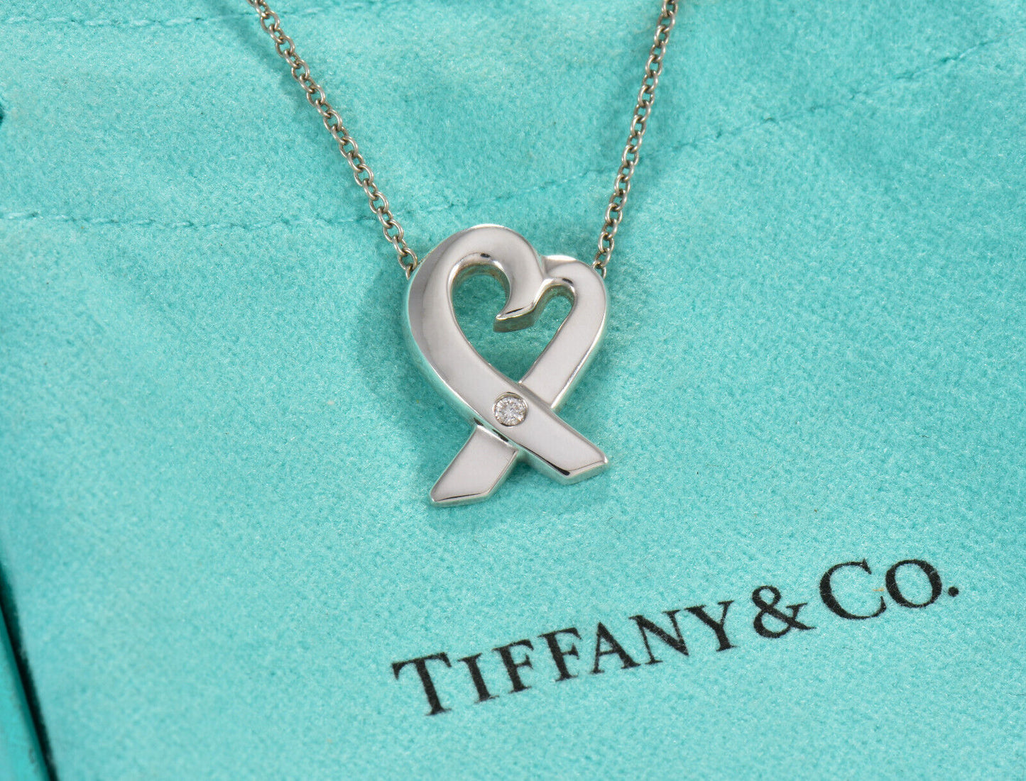 Tiffany & Co Silver Diamond Paloma Picasso Loving Heart Pendant Necklace in Box