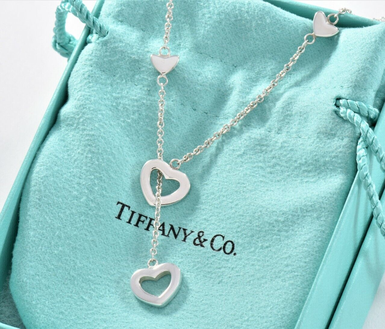 Tiffany & Co Silver Heart Lariat Drop Dangle Necklace in Box Pouch Rare Dangling