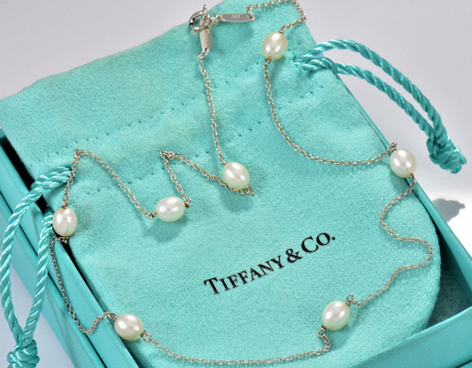 Tiffany & Co Silver Elsa Peretti 7 Pearl By Yard Pendant 16.75" Necklace & Pouch