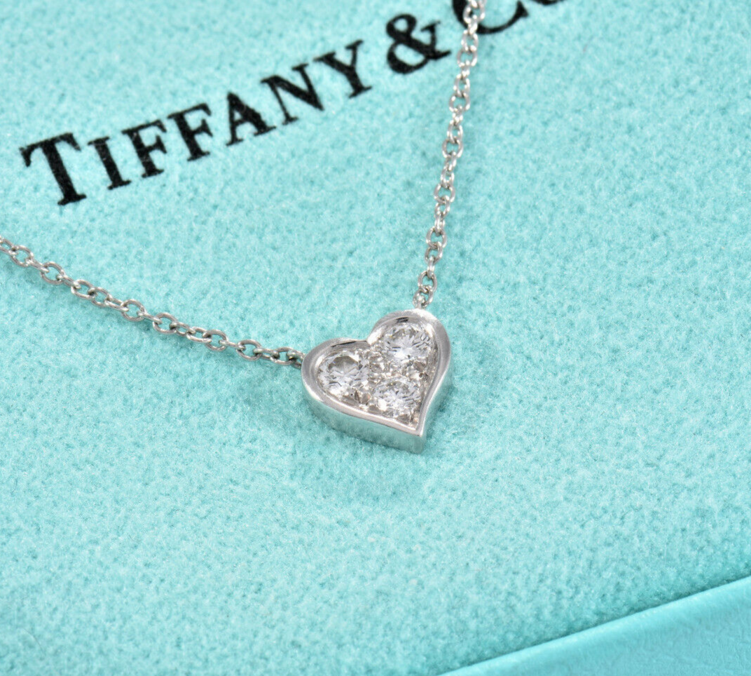 Tiffany & Co Platinum Three Diamond Heart Pendant 16.25" Necklace in Box Pouch