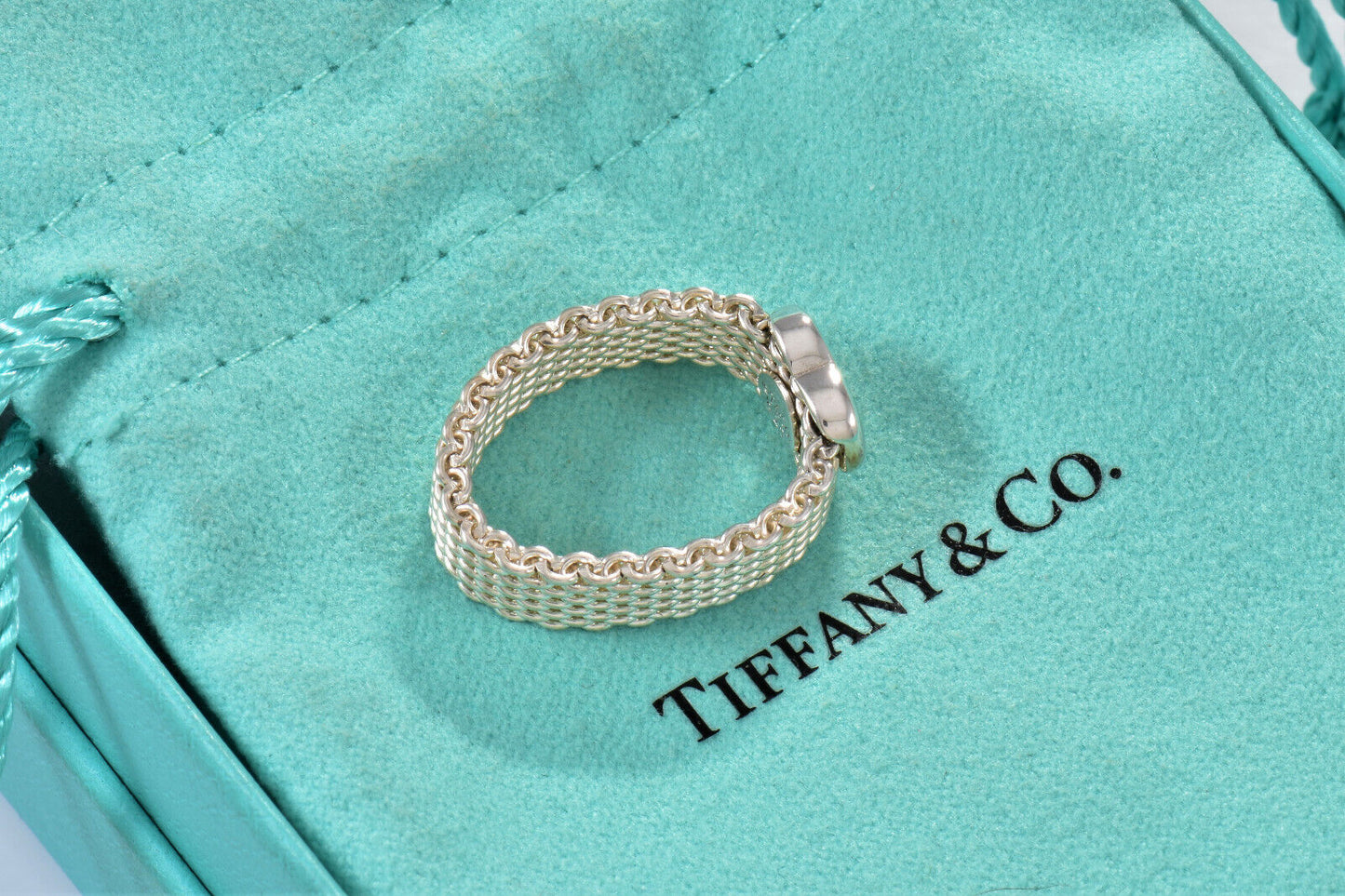 Tiffany & Co Sterling Silver Heart Mesh Love Ring Size 6.5 in Pouch Rare Lovely