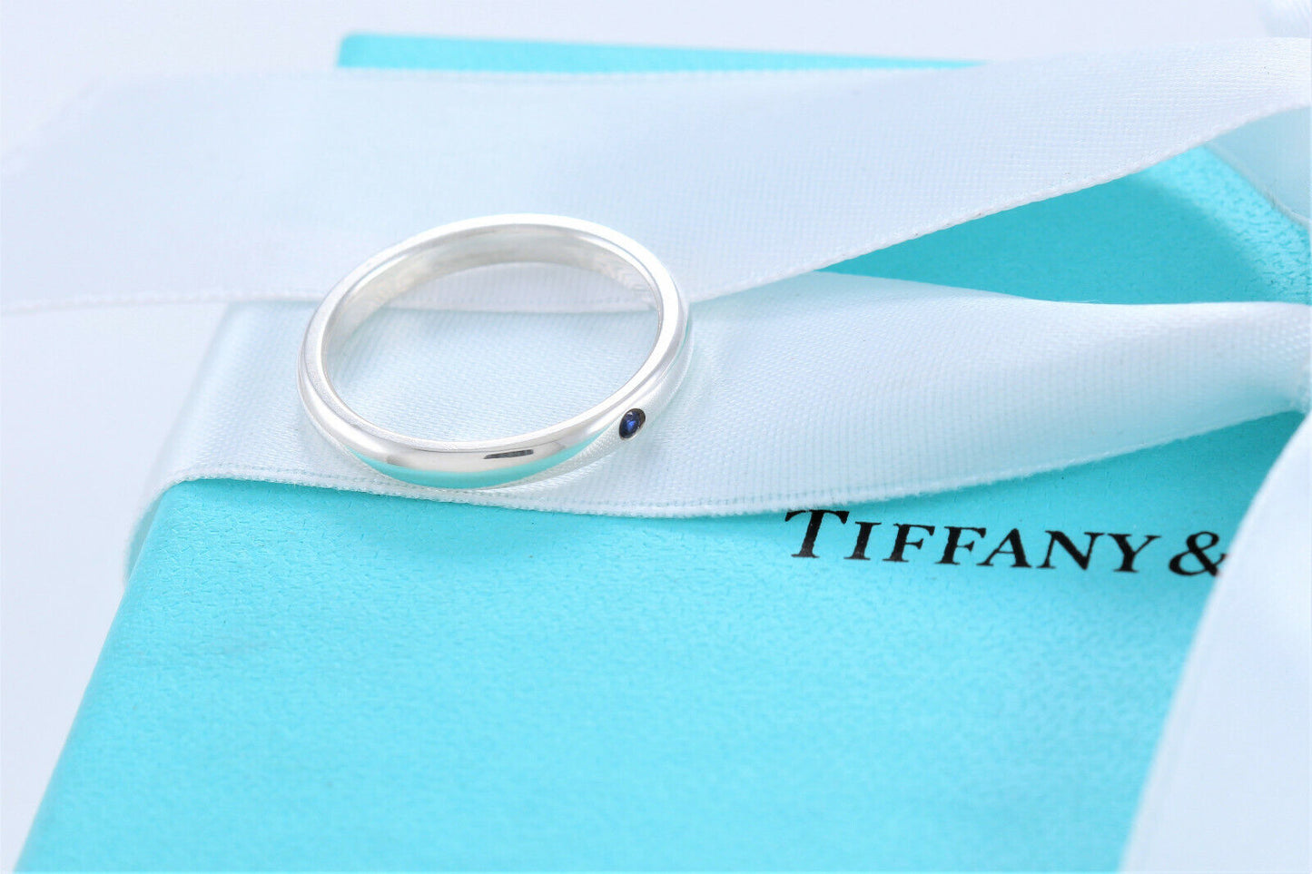 Tiffany & Co Silver Elsa Peretti Blue Sapphire Stack Ring Size 6 in Pouch Rare