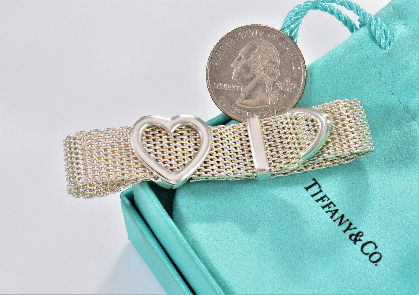 Tiffany & Co Silver Somerset Heart Mesh Belt Buckle 9" Bracelet in Pouch Rare