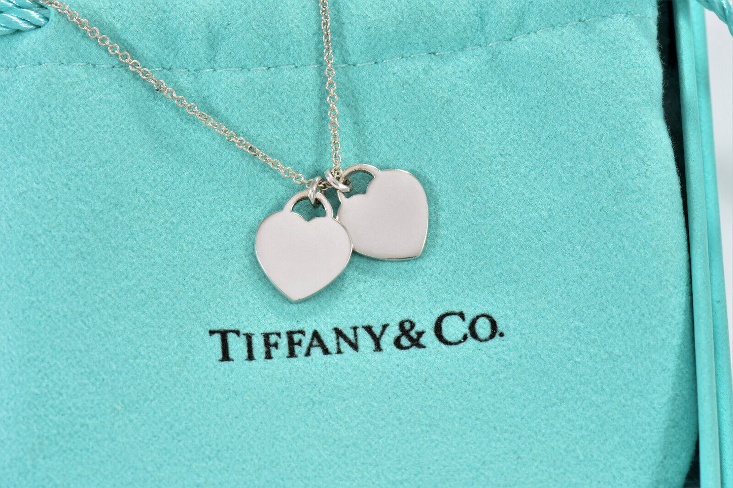 Return To Tiffany & Co Diamond Silver Mini Double Heart Pendant 16" Necklace