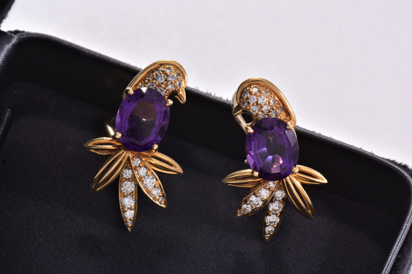 Tiffany & Co 18K Yellow Gold Birds of Paradise Diamond Amethyst Earrings Clip On