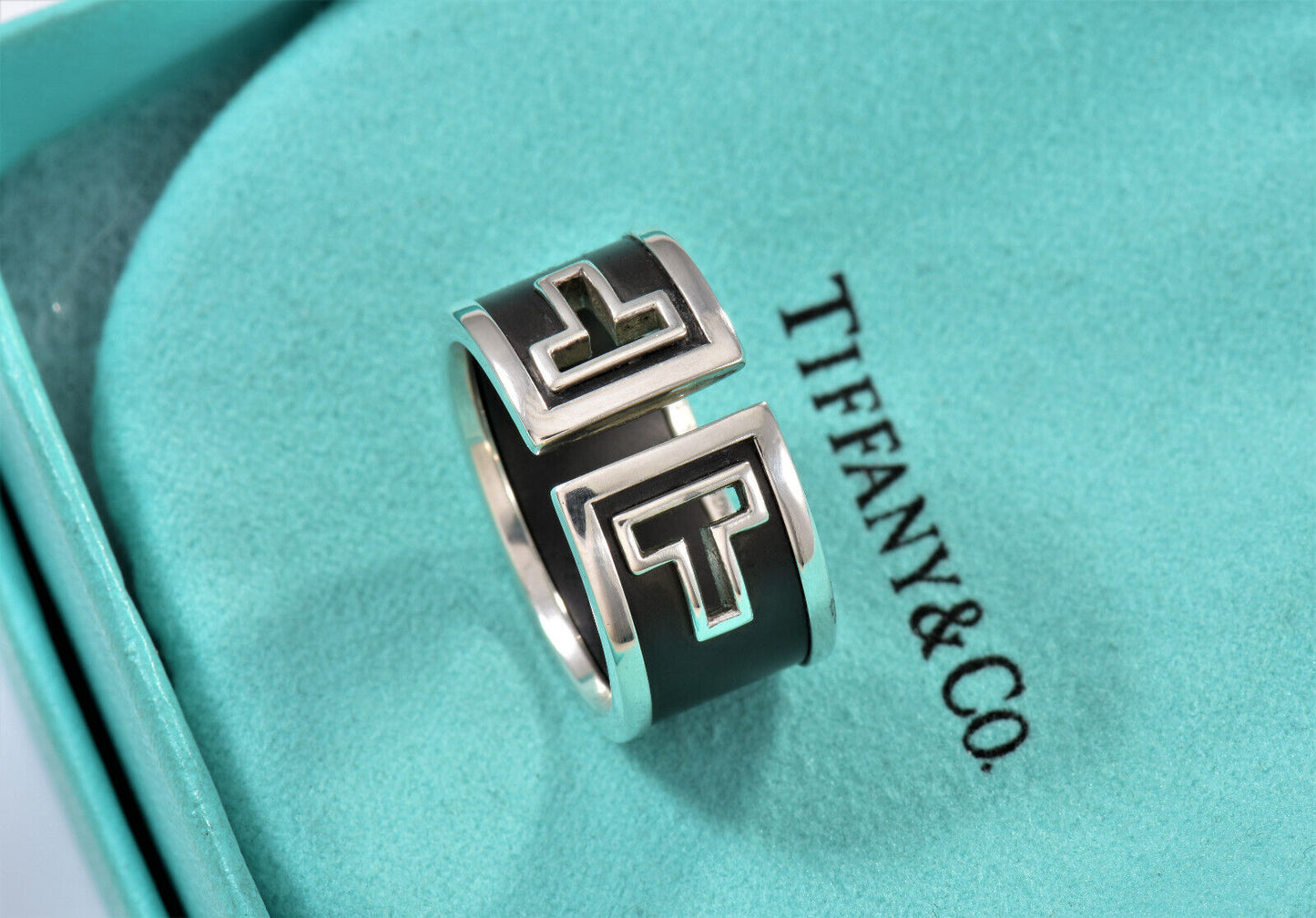 Tiffany & Co Silver Black Ceramic T Cut Out Square Wide Ring Size 6.5 in Pouch