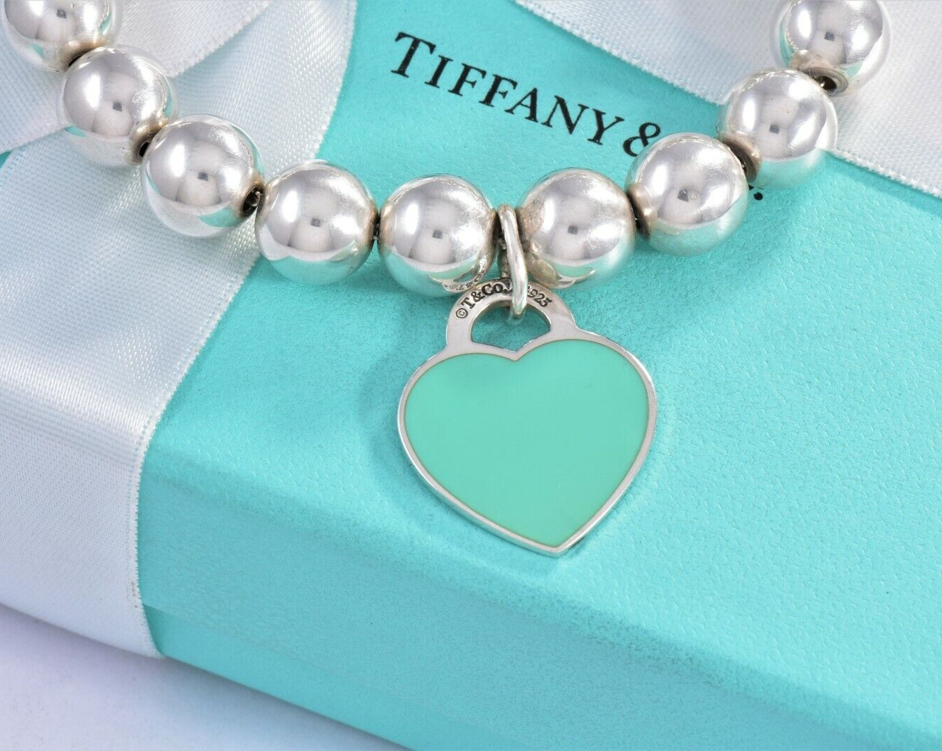 Please Return To Tiffany & Co Silver Blue Enamel Heart 10mm Bead Bracelet Rare