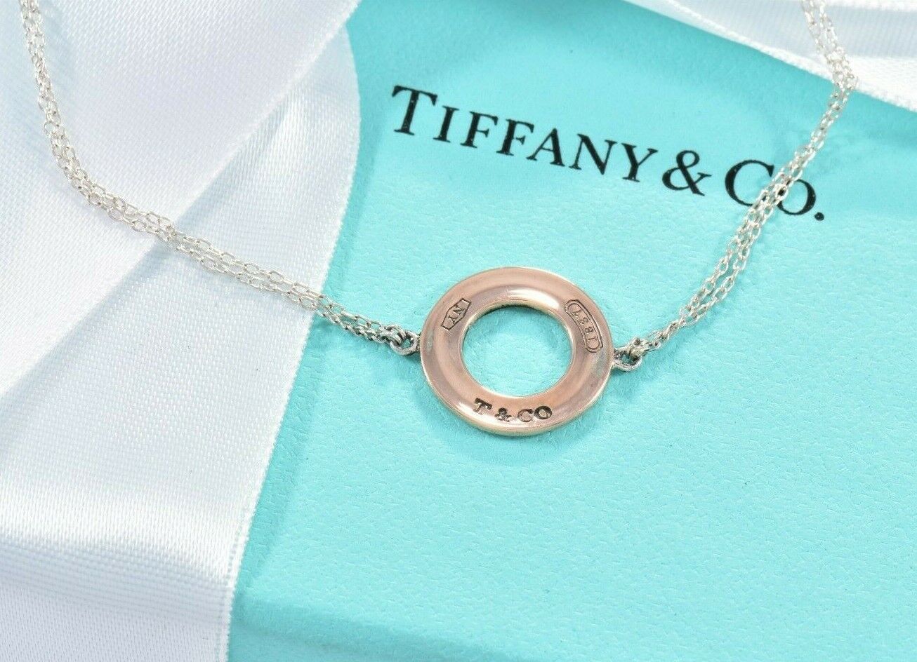 Tiffany & Co Rubedo Gold Metal 1837 Circle Disk Silver Double Chain Bracelet