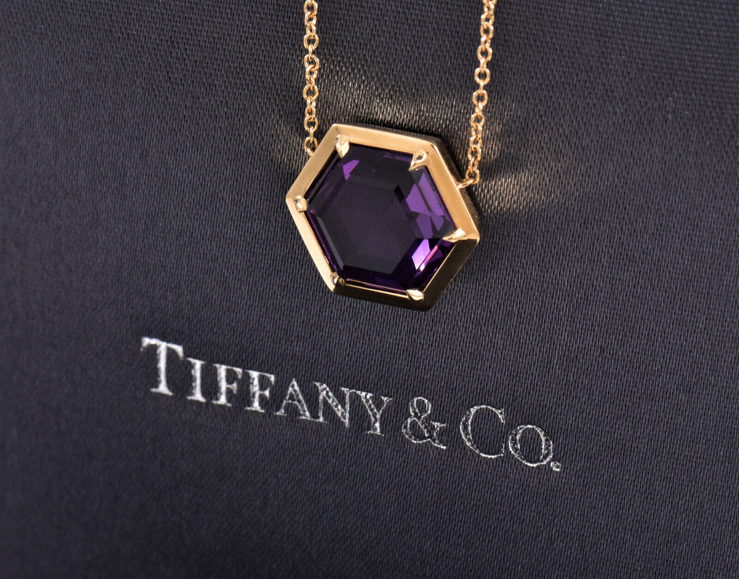 Tiffany & Co 18K Gold Paloma's Studio Amethyst Hexagon Pendant 18" Necklace Rare